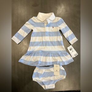 NWT Ralph Lauren Baby Striped Cotton Blue & White Rugby Dress w Bloomers 6M